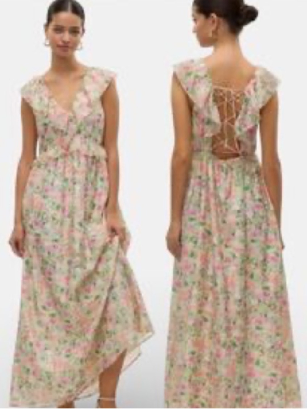 Vero moda NWT lyocell Floral Lace-Back Maxi Dress - Cream and Pink/Green floral